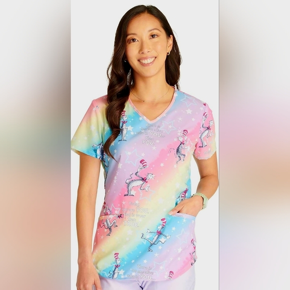 NEW Cat In The Hat Tooniforms Dr. Seuss V-Neck Scrub Top Small Licensed NWT - Picture 3 of 17